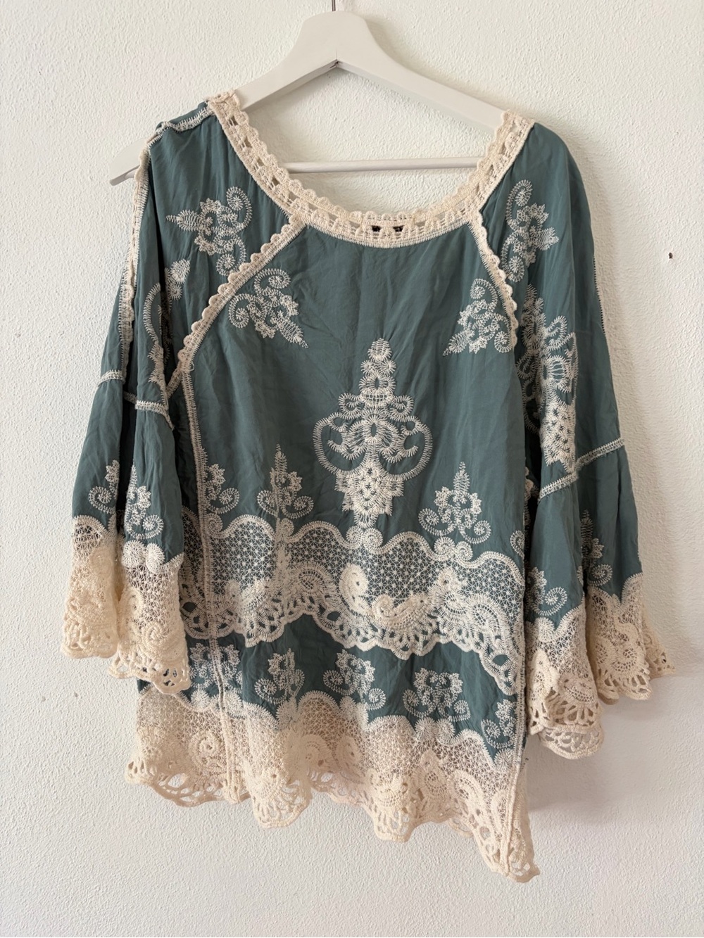 Democracy Boho Lace-Trim Peasant Top in Teal and Cream